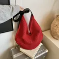 Red crochet crescent shoulder bag with black leather strap and large capacity - Red