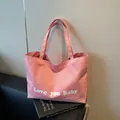 Pink canvas tote bag with 'Love you Baby' print and dual shoulder straps - Pink / Large