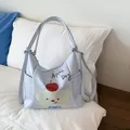 Lichtblauwe grote draagtas met schattige cartoon beer en appel print, PU leer stijl - Blauw