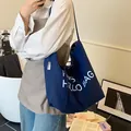 Deep blue canvas tote bag with white HELLO BAG print and large capacity design - Black (Reversible)