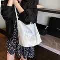 Vintage canvas tote bag in off-white with blue Paris Hello Bag lettering for women - Blue (Reversible)