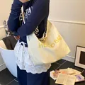 Beige large canvas tote bag with yellow Hello Bag print and casual shoulder straps - Yellow (Reversible)