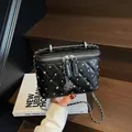 Chic black quilted box bag with sparkling crystals and a rose charm chain strap - 18*9*12 / Black