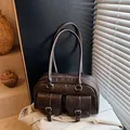 Deep brown vintage faux leather shoulder bag with front pockets and twin handles - Coffee