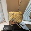 Pale yellow quilted chain box bag with sparkling crystal studs and camellia charm - 18*9*12 / Yellow