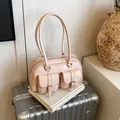 Retro dusty pink shoulder bag with dual buckle pockets and silver metal hardware - Pink