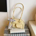 Retro crèmegele PU-leren bowlingtas met kanten strikdetail en dubbele voorzakken - Geel