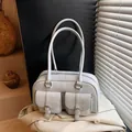 Grande borsa hobo in pelle PU grigio chiaro con tasche con fibbia e spalline lunghe - Blu grigiastro