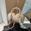 White lychee leather bowling bag with silver padlock and adjustable shoulder strap - Off-White with Pendant