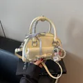 Sac bowling crème avec nœud, bordure dentelle, charm perle et ruban à carreaux - Avec Pendentif / Jaune