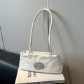 Chic beige underarm bag with embossed floral embroidery and silver metal hardware - Without Pendant / White Without Pendant