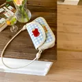 Light blue plaid handbag with red apple embroidery and white shoulder strap for women - 21x7x13 / White