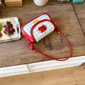 Chic red and blue checkered crossbody bag with apple patch and Not Anxious label - 21x7x13 / Red