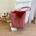 Red and white gingham canvas tote bag with red lining and long shoulder straps - Red (Double Sided Use)