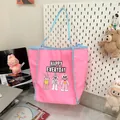 Roze canvas draagtas met blauwe bies en schattige tekenfilmprints voor dagelijks gebruik - Roze