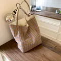 Plaid canvas tote bag in tan and blue checkered pattern with large capacity - White (Double Sided Use)