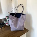Red, white, and blue checkered canvas tote bag with a long shoulder strap and brand label - Navy Blue (Double Sided Use)