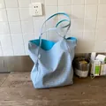 Blue gingham nylon tote bag with large capacity and minimalist double shoulder straps - Dark Blue (Double Sided Use)