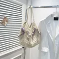 Handmade woven tote bag in cream white with purple ruffle trim and tulip charms - Purple With Charm