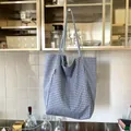 Blue and white gingham canvas tote bag with long shoulder straps for daily use - Light Blue (Double Sided Use)