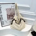 Beige hand-crocheted straw tote bag with brown ruffle trim in a vintage ethnic style - Coffee without Pendant