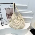 Beige crochet shoulder bag with ruffled edges and retro bohemian hollow textures - White Without Pendant