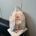 Pink striped backpack with rabbit ears and star patches for students and commuting - Pink White Stripes