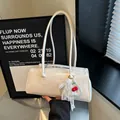 Cream white rectangular underarm bag with sweet cherry and pearl lace charm - With Pendant / White