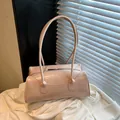 Pink patent leather rectangular underarm bag with long handles and metallic zipper - No Pendant / Pink