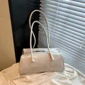 Glossy white rectangle underarm bag with long straps and dual zippers in retro style - No Pendant / White