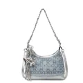 Blue denim and silver rhinestone shoulder bag with metal chain and heart charm - Single Bag / Silver