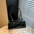 Classic black leather shoulder bag with glossy finish and silver top zipper closure - No Pendant / Black