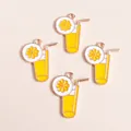 Detail of yellow cocktail cup charms with straw and lemon slice for DIY jewelry - Yellow