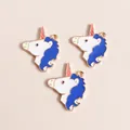 Drie emaille eenhoorn bedeltjes met goudlaag en blauwe manen voor DIY-sieraden - Blauw