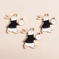 Running white rabbit enamel pendants with clock design for DIY jewelry making - Black