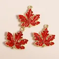 Three red enamel maple leaf pendants with gold veins for DIY jewelry making accessories - Red