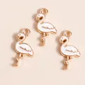 Set of three flamingo alloy charms with white enamel and gold plating for DIY jewelry - White