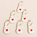 Set of 6 cute cartoon white rabbit alloy pendants with white enamel and red hearts - Heart Rabbit