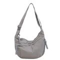 Lightweight grey nylon crescent crossbody bag with multi-zipper pockets and wide strap - Gray / 37*4*23