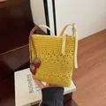 Yellow hollow out hand-knitted crossbody bag with red strawberry charms for women - Yellow With Strawberry Charm