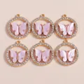 6er-Set goldene Schmetterling-Anhänger mit Strasssteinen und rosa Acryl-Inlay für DIY - Lila