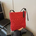 Handmade red hollow crochet crossbody bag with black leather strap for summer - Red