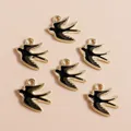 Pack of six swallow enamel pendants with gold alloy edges for DIY jewelry making - Black