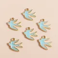 Set of 6 light blue enamel swallow bird charms with golden alloy base for DIY jewelry making - Blue