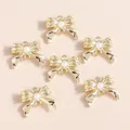 Golden bow charms with white pearls and rhinestones for DIY jewelry making accessories - Pearl Bowknot Style