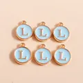 Macro detail of six light blue enamel alphabet L charms with gold-plated metal borders - Letter L