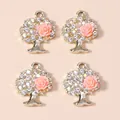 Golden tree of life jewelry pendants with resin roses and sparkling rhinestones for DIY - Gold and Pink