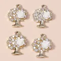 Golden tree of life charms with white rose resin flower and rhinestones for DIY jewelry - Gold & White