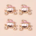 Golden pumpkin carriage charms with pink and white enamel for DIY jewelry making - Pink