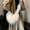 Minimalist white heart-shaped faux fur shoulder bag with soft plush texture for winter style - 35*2*17 / White